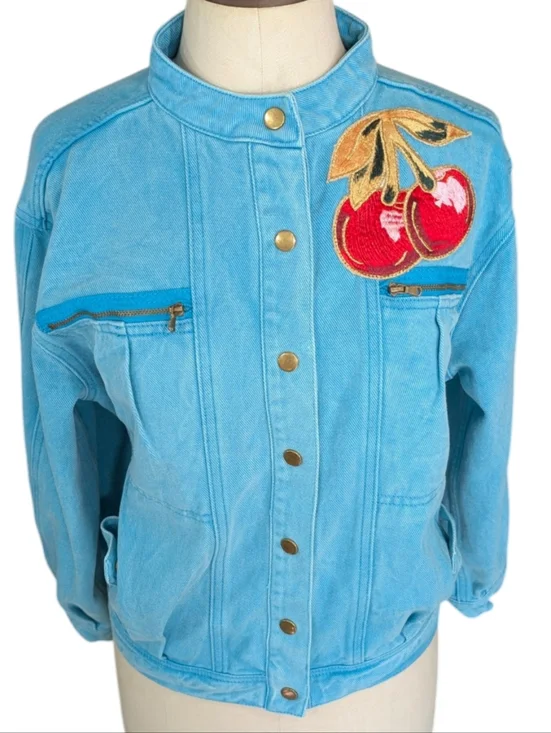 ELF SACK Turquoise Cotton Denim Jacket With Embroidered Cherries. Medium. - Picture 11 of 16